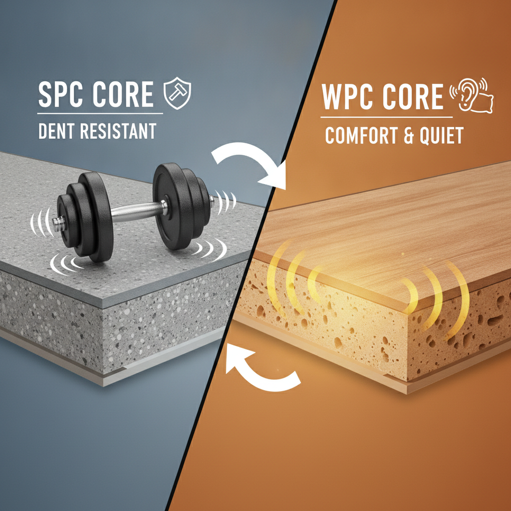 A dynamic split-screen illustration comparing SPC and WPC flooring cores. On the left, an SPC plank cross-section with a dense, stone-like texture is shown deflecting a heavy dumbbell, symbolizing superior dent resistance. On the right, a WPC plank cross-section with a slightly porous, wood-fiber texture is shown absorbing sound waves and radiating a warm glow, symbolizing comfort and quiet.