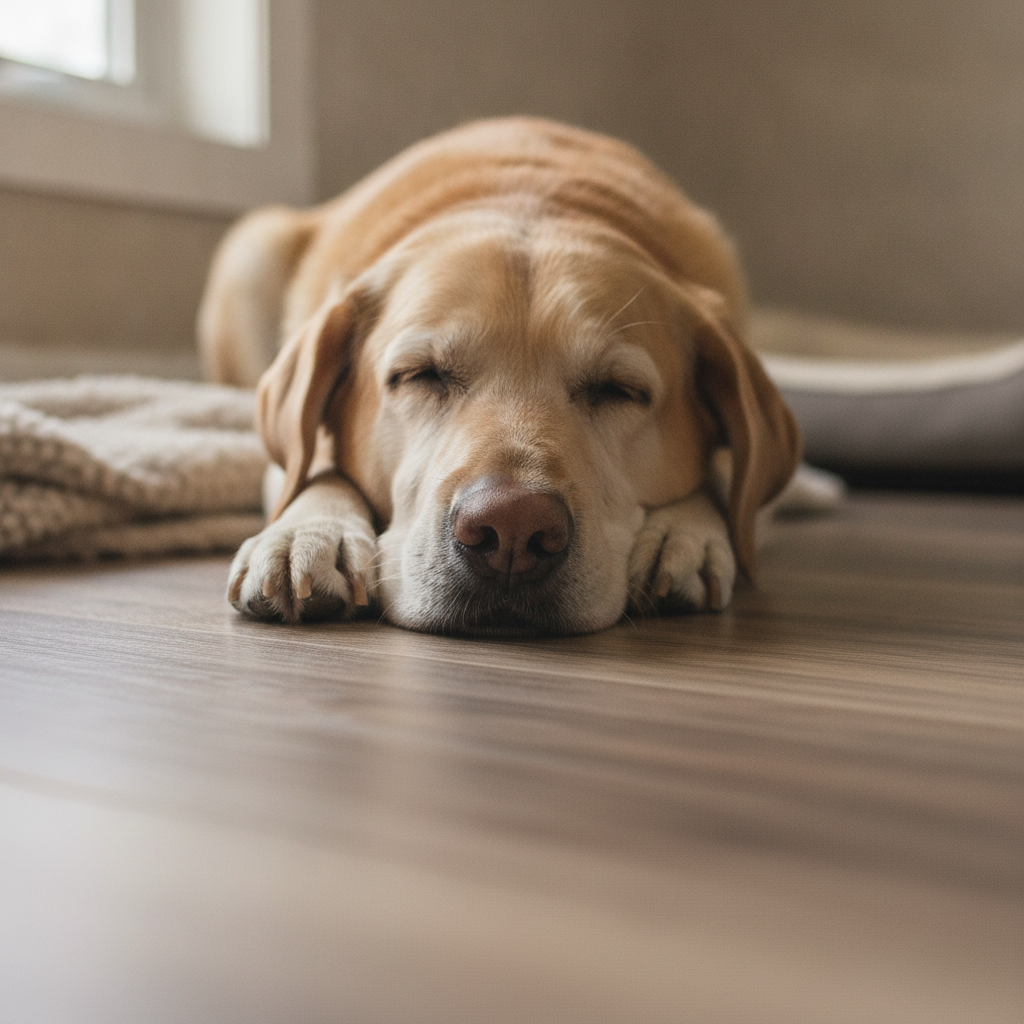 A close-up photo of an older Labrador resting comfortably on a textured, matte-finish wood-look floor, highlighting the importance of traction for pet joint health.