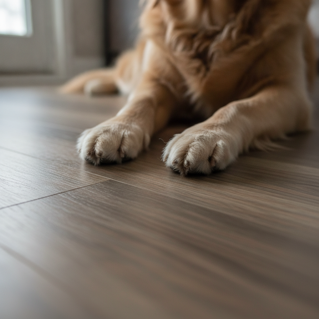 Close-up of a senior dog's paws resting comfortably on a textured, non-slip luxury vinyl plank floor, highlighting pet safety.