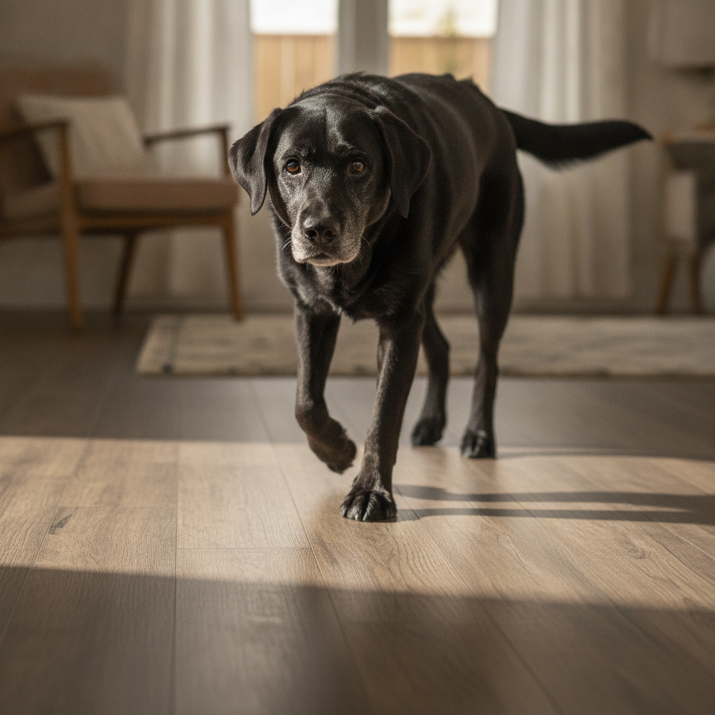 An older, gray-muzzled Labrador walks confidently on a textured, matte-finish hybrid hardwood floor, highlighting the floor's safety and good traction for senior pets.