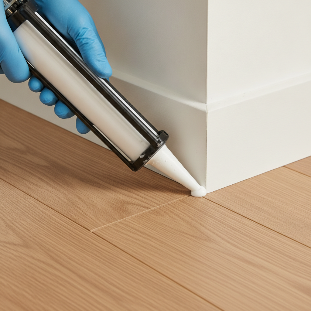 Close-up of an installer applying a bead of silicone sealant between a hybrid hardwood floor and a baseboard to create a waterproof seal.