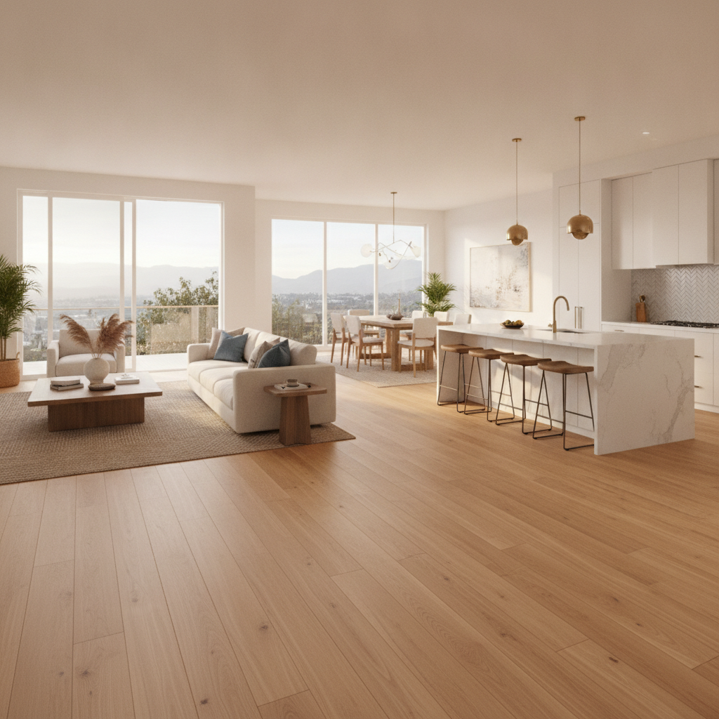 An open-concept home with waterproof hardwood flooring flowing seamlessly from the living room to the kitchen, creating a cohesive design.