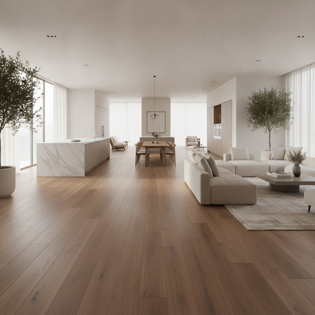 A wide view of a luxurious open-concept home where a single, continuous hardwood floor unifies the kitchen, dining, and living areas seamlessly.