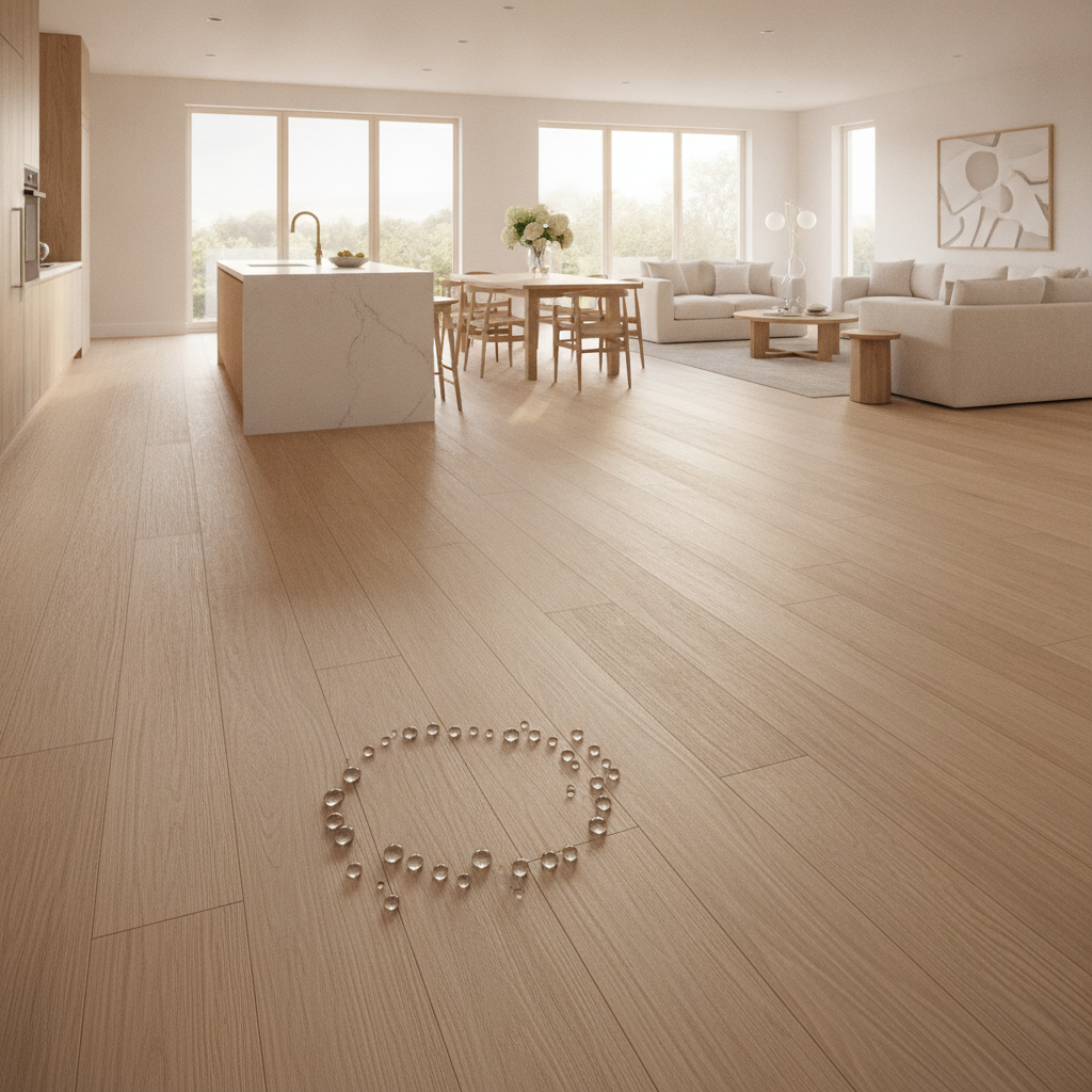 Seamless Living with Waterproof Hardwood A stunning, wide-angle photograph of a bright and airy open-concept home where the kitchen, dining, and living areas flow together seamlessly. The entire space features a beautiful, light-colored waterproof hybrid hardwood floor. Sunlight streams through large windows, highlighting the natural grain of the wood. In the kitchen area, water droplets are beaded up on the floor's surface from a recently spilled glass, subtly demonstrating its waterproof quality without causing alarm.