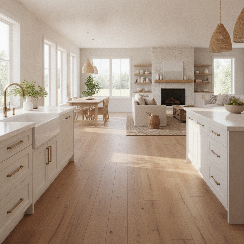 A sunlit modern farmhouse kitchen with light oak waterproof hardwood flooring that flows seamlessly into an adjacent living area, demonstrating a cohesive open-concept design.