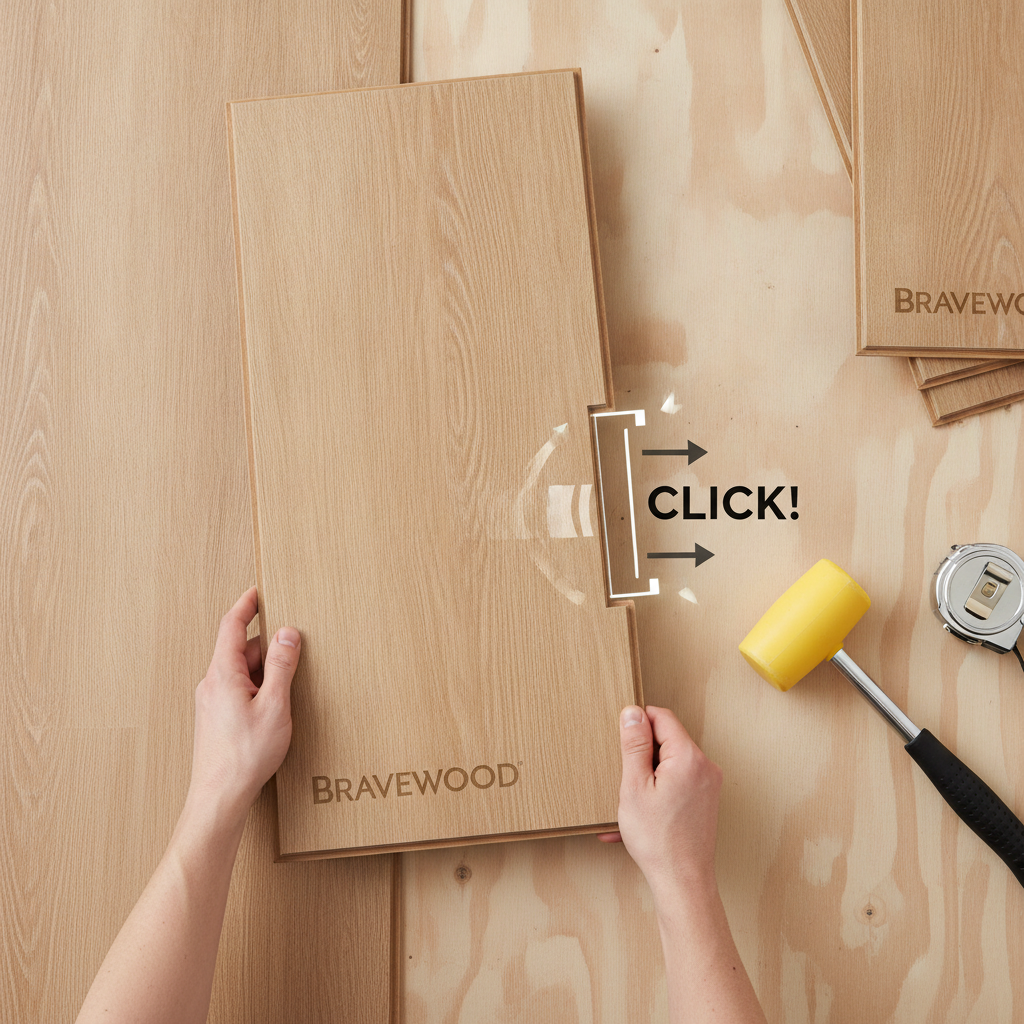A clean, top-down shot of a person's hands easily connecting a Bravewood hybrid hardwood plank to another on the floor. The click-lock mechanism should be clearly visible and highlighted as it snaps into place. The scene is bright and well-lit, suggesting a simple and satisfying DIY project. A rubber mallet and a measuring tape are neatly placed to the side on the subfloor. Style: flat lay, minimalist, bright and clean aesthetic, instructional and empowering tone.