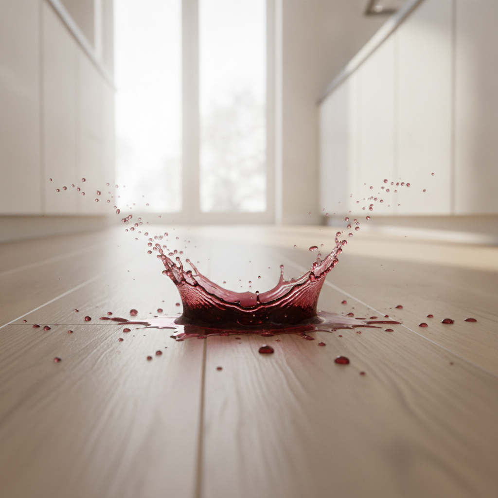 A dramatic close-up of red wine splashing onto a light oak hybrid hardwood floor, beading up on the surface to show its waterproof quality.