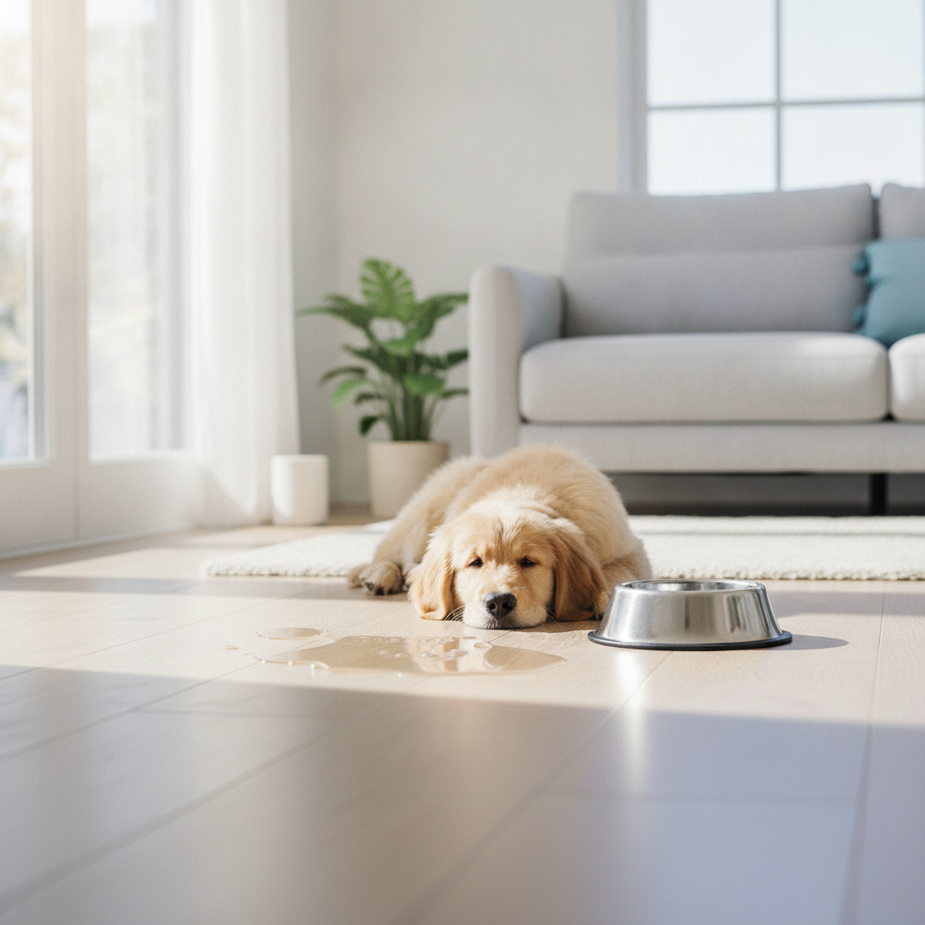 A golden retriever puppy lies happily on a waterproof hybrid hardwood floor next to a spilled water bowl, demonstrating the floor's water-resistant quality in a sunlit room.