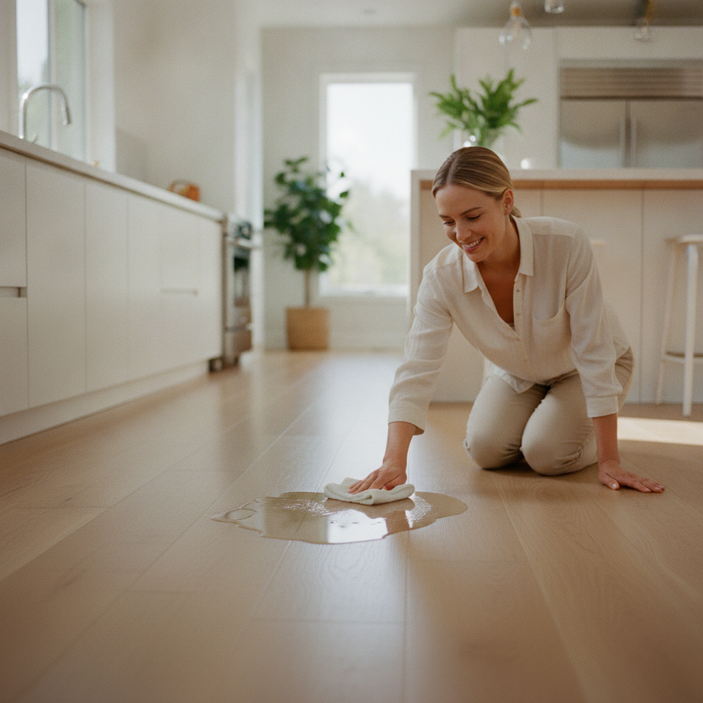 A person smiles while easily wiping a small spill from a beautiful, light-colored waterproof floor in a sunlit modern kitchen.