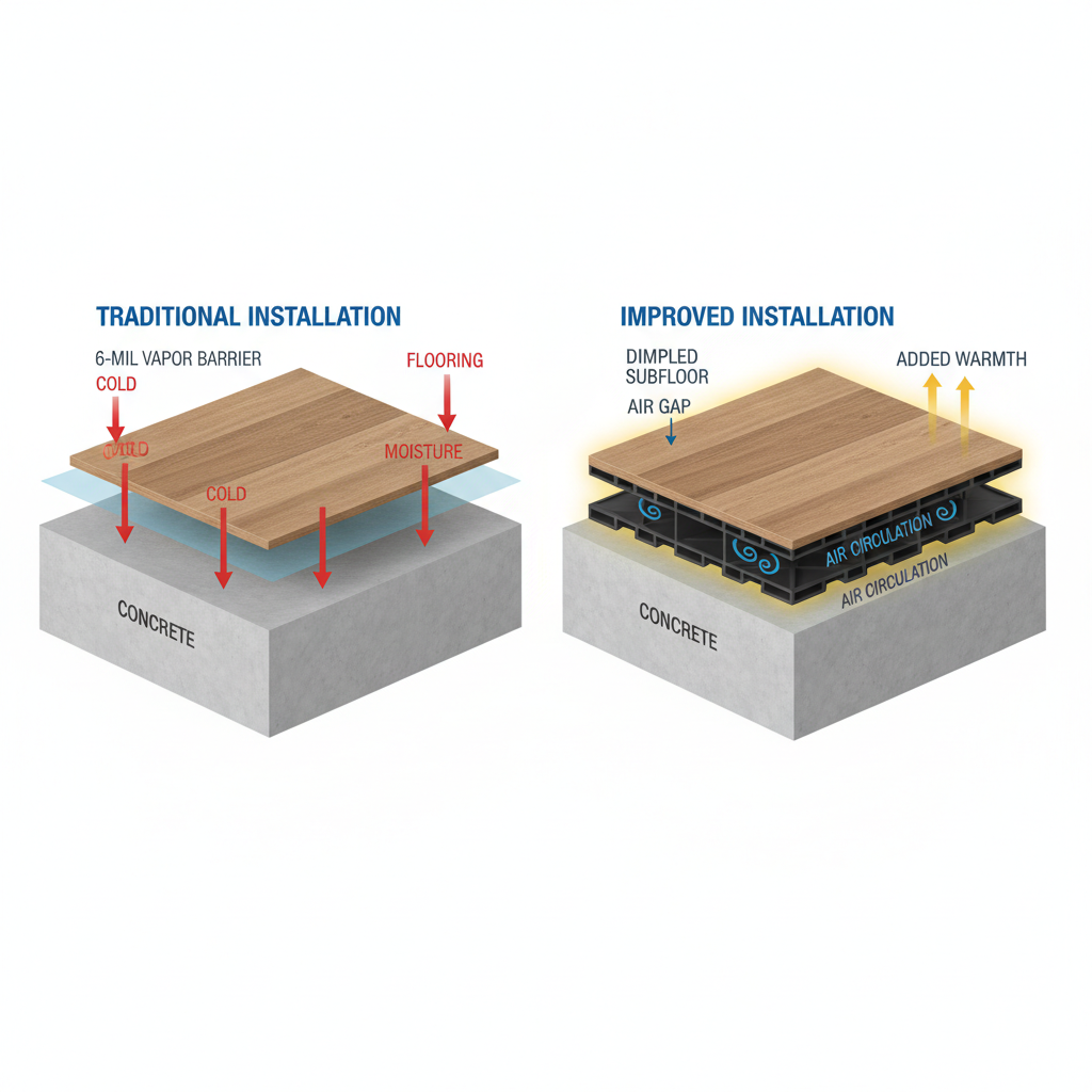 Comparison diagram of basement subfloor solutions. The left shows a thin plastic vapor barrier on concrete. The right shows a raised, dimpled interlocking subfloor panel creating an air gap for warmth and air circulation.