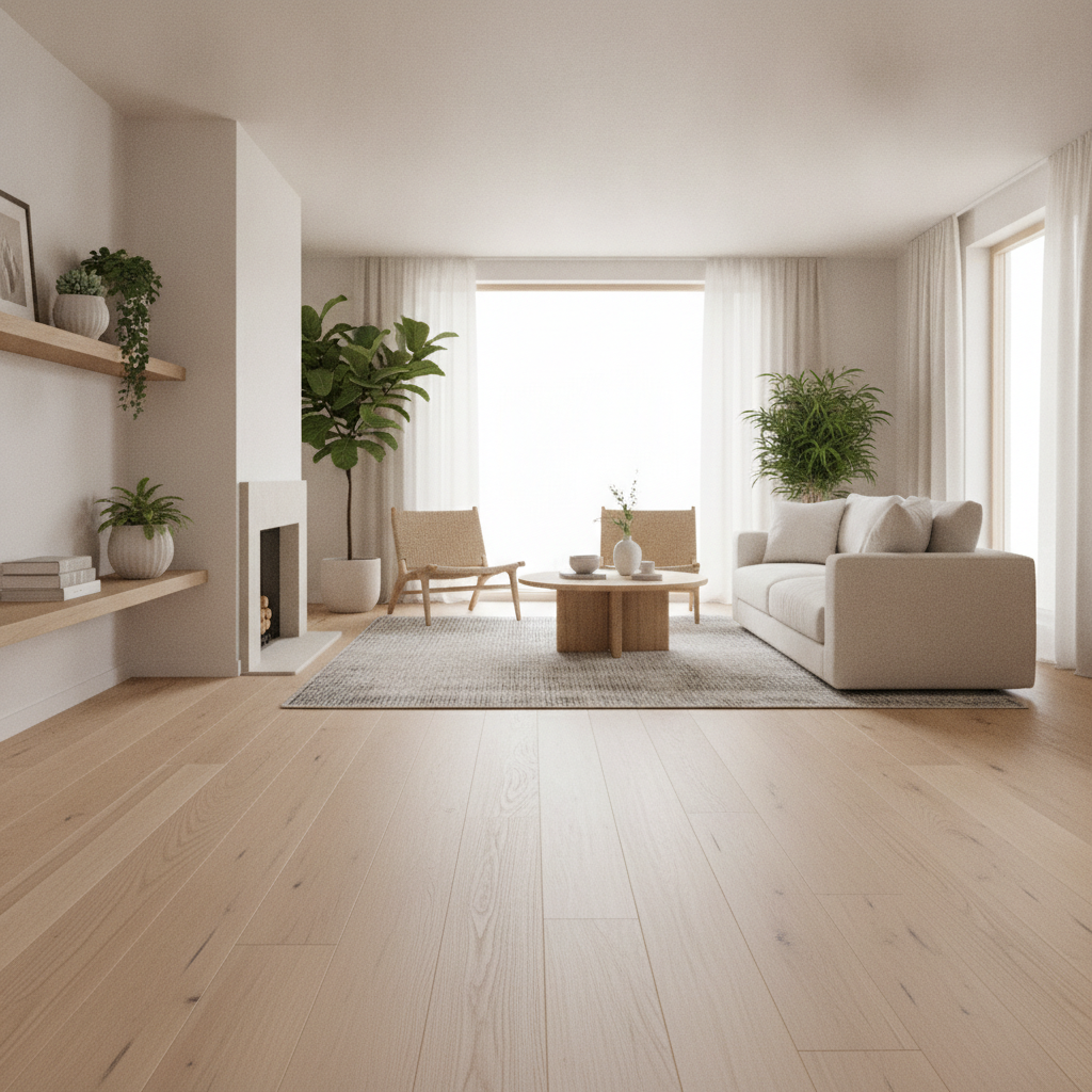 A serene living room showcasing 2024 flooring trends with wide, light blonde oak planks and minimalist Japandi style decor.