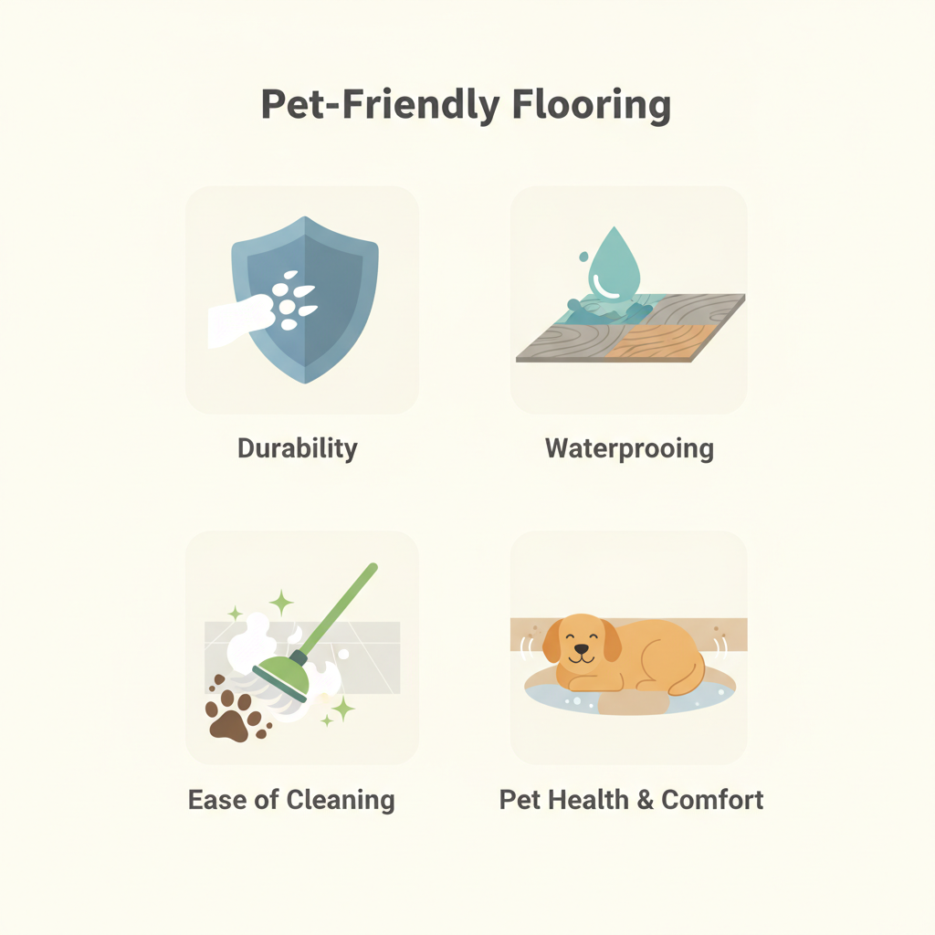 Infographic of the 4 pillars of pet-friendly flooring: Durability shield, Waterproof droplet, Easy-to-clean mop, and Pet comfort icon.