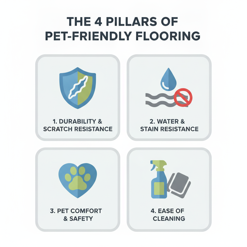 A clean, modern infographic with a central title 'The 4 Pillars of Pet-Friendly Flooring'. Four distinct icons are arranged in a grid, each with a label: 1. A shield icon for 'Durability & Scratch Resistance'. 2. A water droplet repelling off a surface for 'Water & Stain Resistance'. 3. A paw print inside a heart for 'Pet Comfort & Safety'. 4. A spray bottle and cloth for 'Ease of Cleaning'. Style: flat design, minimalist, with a friendly and informative color palette of blues, greens, and warm grays.