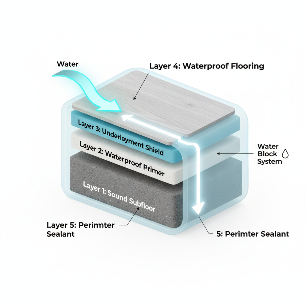 Infographic showing a 3D cross-section of the 5-layer waterproof flooring system, including the subfloor, primer, underlayment, flooring, and sealant.