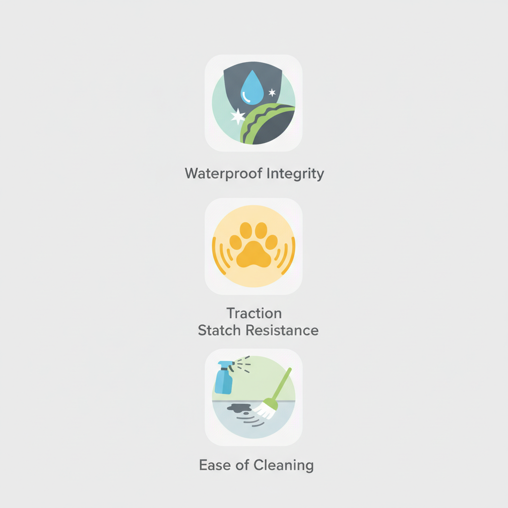 An infographic of the 5-Point Pet-Proof Flooring Checklist with icons for Waterproof Integrity, Scratch Resistance, Traction, Stain Resistance, and Ease of Cleaning.