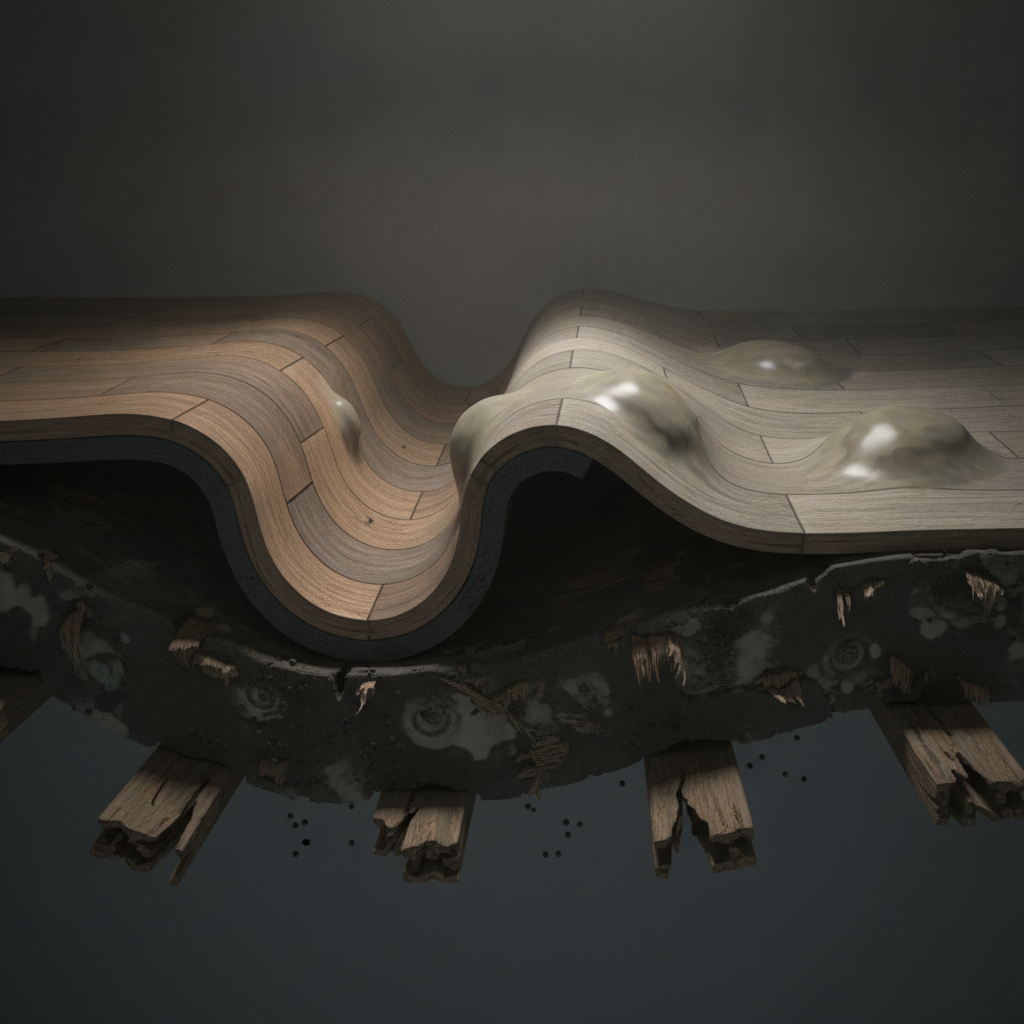 A 3D render showing a cross-section of a failing bathroom floor, with a warped hardwood plank cupping upwards and a vinyl plank bubbling off a damp, moldy subfloor.