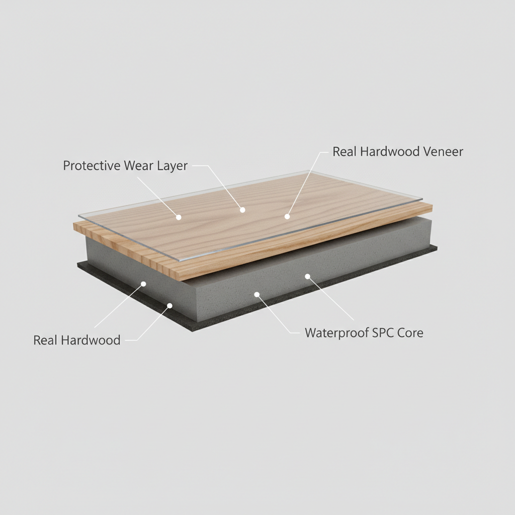 A 3D cross-section diagram of a Bravewood flooring plank showing its layers: Protective Wear Layer, Real Hardwood Veneer, and Waterproof SPC Core.