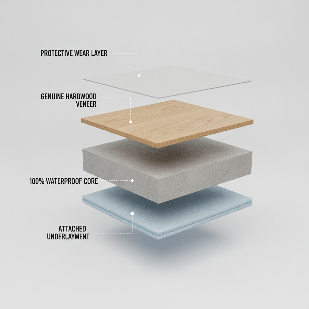 A 3D exploded-view illustration of a waterproof hybrid hardwood plank, showing the four layers: Protective Wear Layer, Genuine Hardwood Veneer, 100% Waterproof Core, and Attached Underlayment.