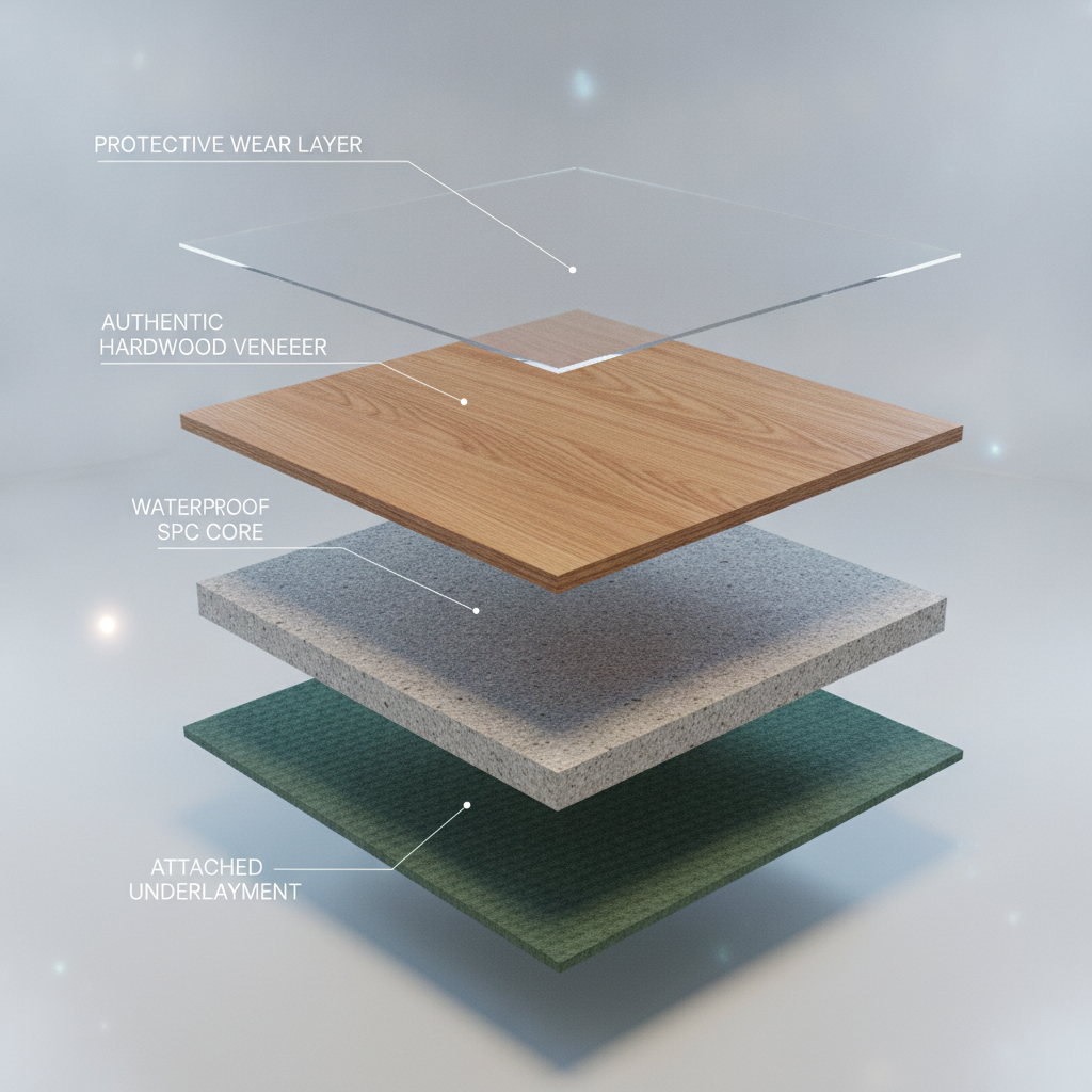 Exploded-view 3D render of a Bravewood hybrid hardwood plank showing its layers: protective wear layer, real wood veneer, waterproof SPC core, and underlayment.