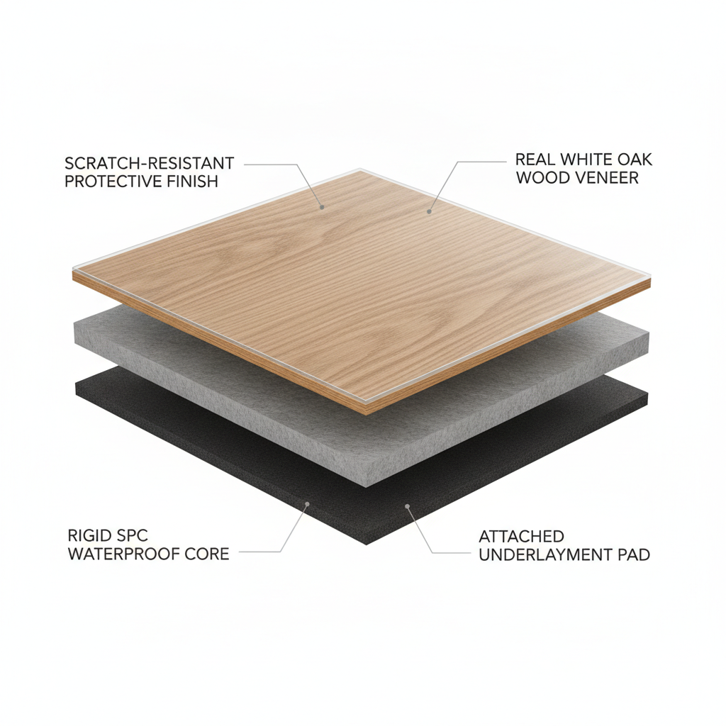 Cutaway illustration showing the layers of Bravewood hybrid hardwood: wood veneer, protective finish, SPC core, and underlayment.