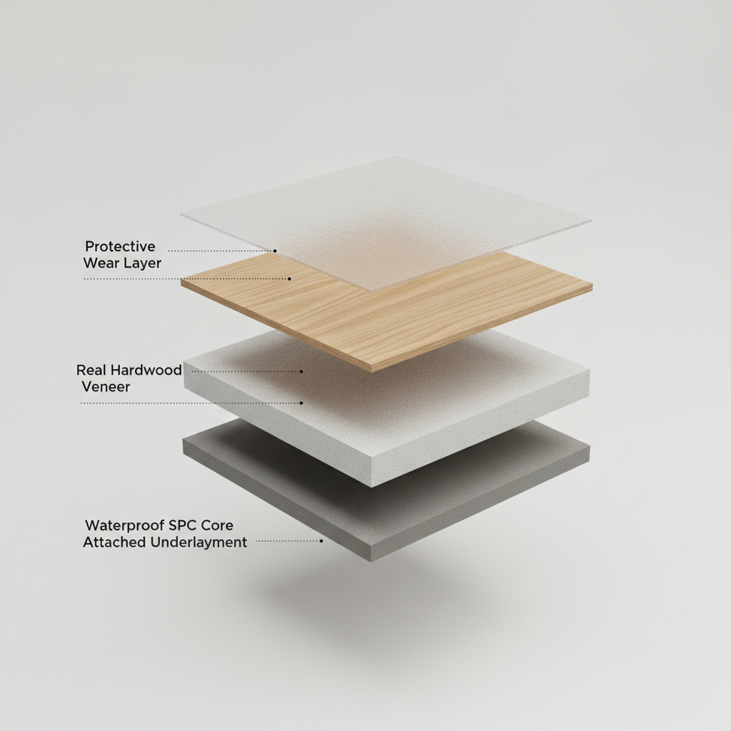 An infographic showing an exploded cross-section of a waterproof hybrid hardwood plank, labeling the Protective Wear Layer, Real Hardwood Veneer, Waterproof SPC Core, and Attached Underlayment.