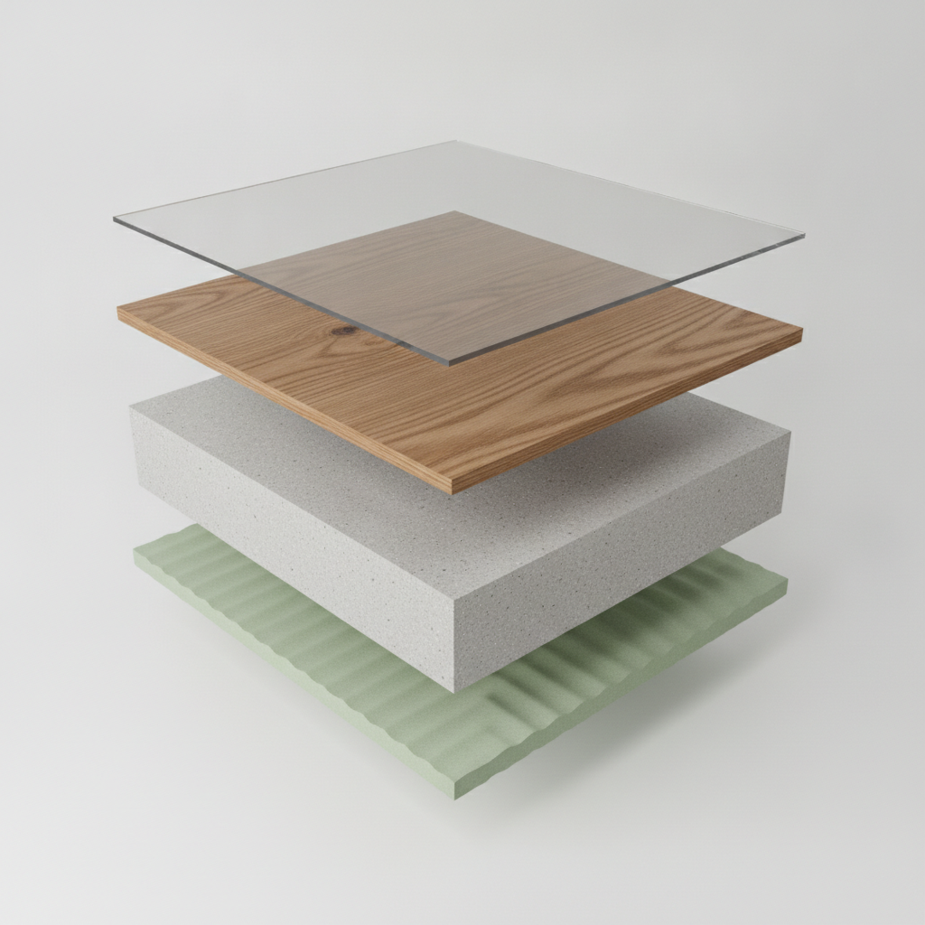A 3D cutaway illustration of a single hybrid hardwood floor plank, showing its four layers: protective finish, real wood veneer, waterproof SPC core, and attached underlayment.