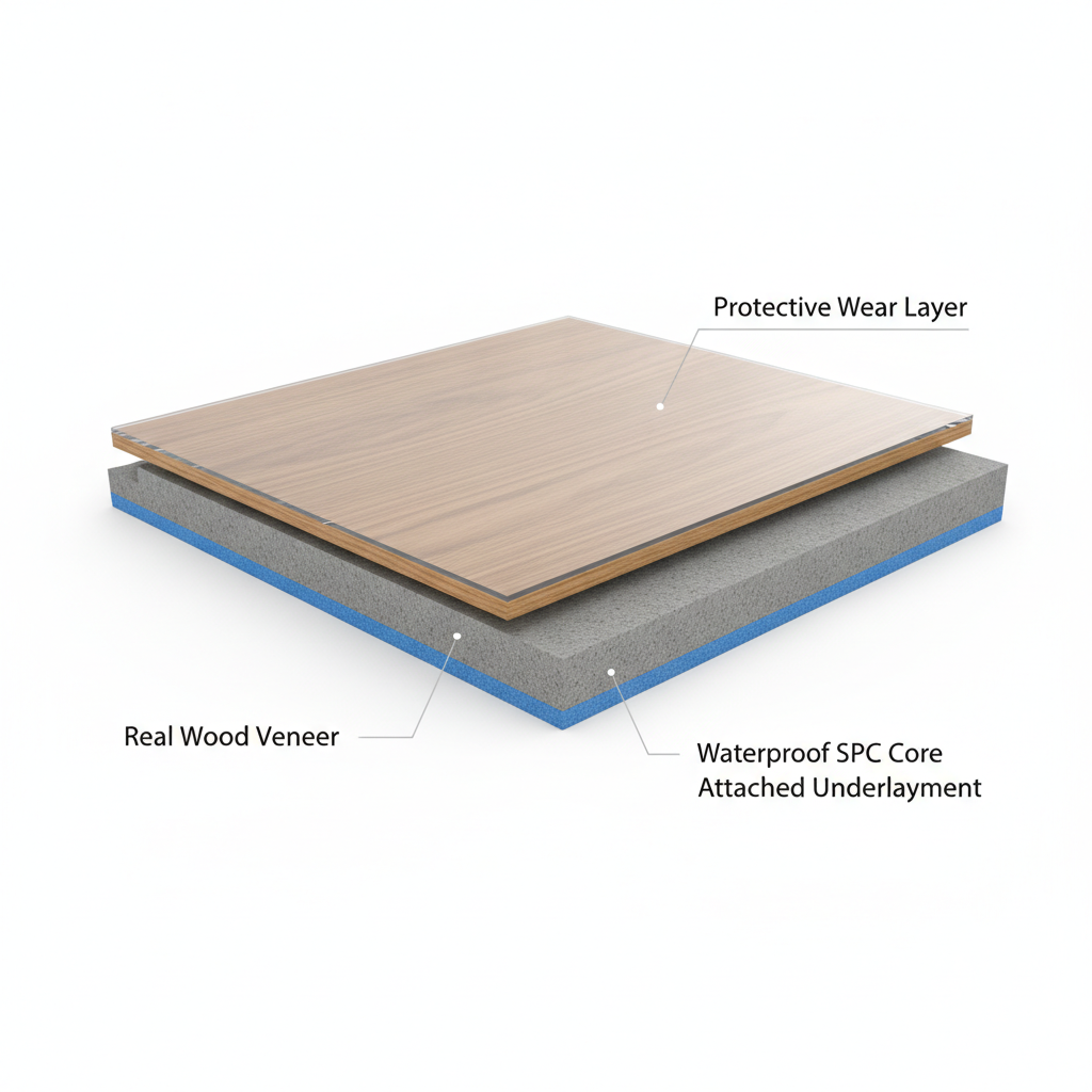 Diagram showing the construction of a hybrid hardwood plank, with layers for the protective wear layer, real wood veneer, waterproof SPC core, and attached underlayment.