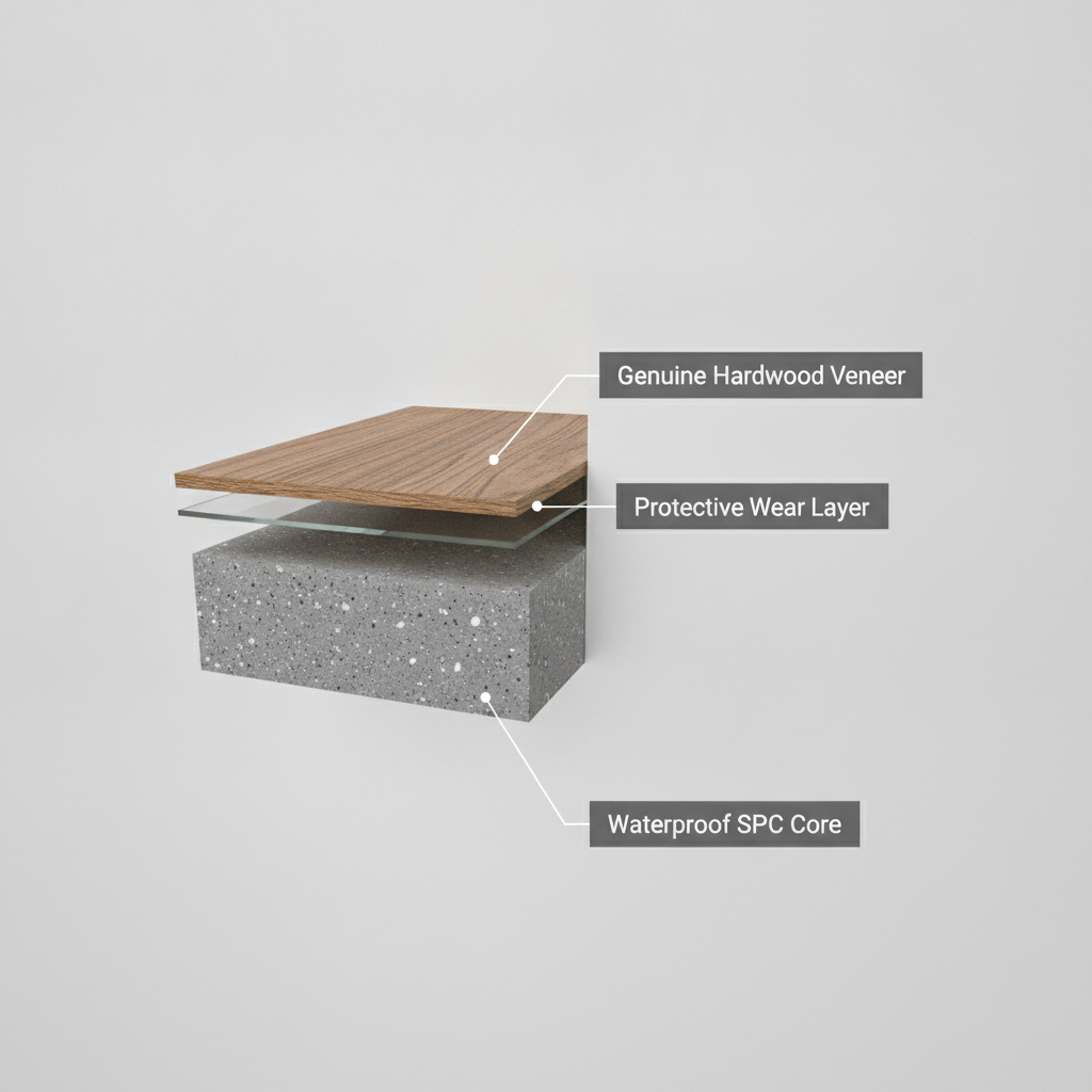 A 3D cross-section diagram of a hybrid hardwood plank showing its layers: Genuine Hardwood Veneer, Protective Wear Layer, and Waterproof SPC Core.