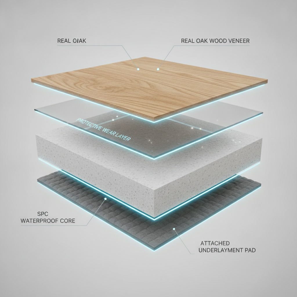 A clean, modern 3D cutaway diagram of a hybrid hardwood flooring plank. The image clearly visualizes and labels the distinct layers: a beautiful top layer of real oak wood veneer, a transparent protective wear layer, a dense and rigid SPC waterproof core, and an attached underlayment pad.