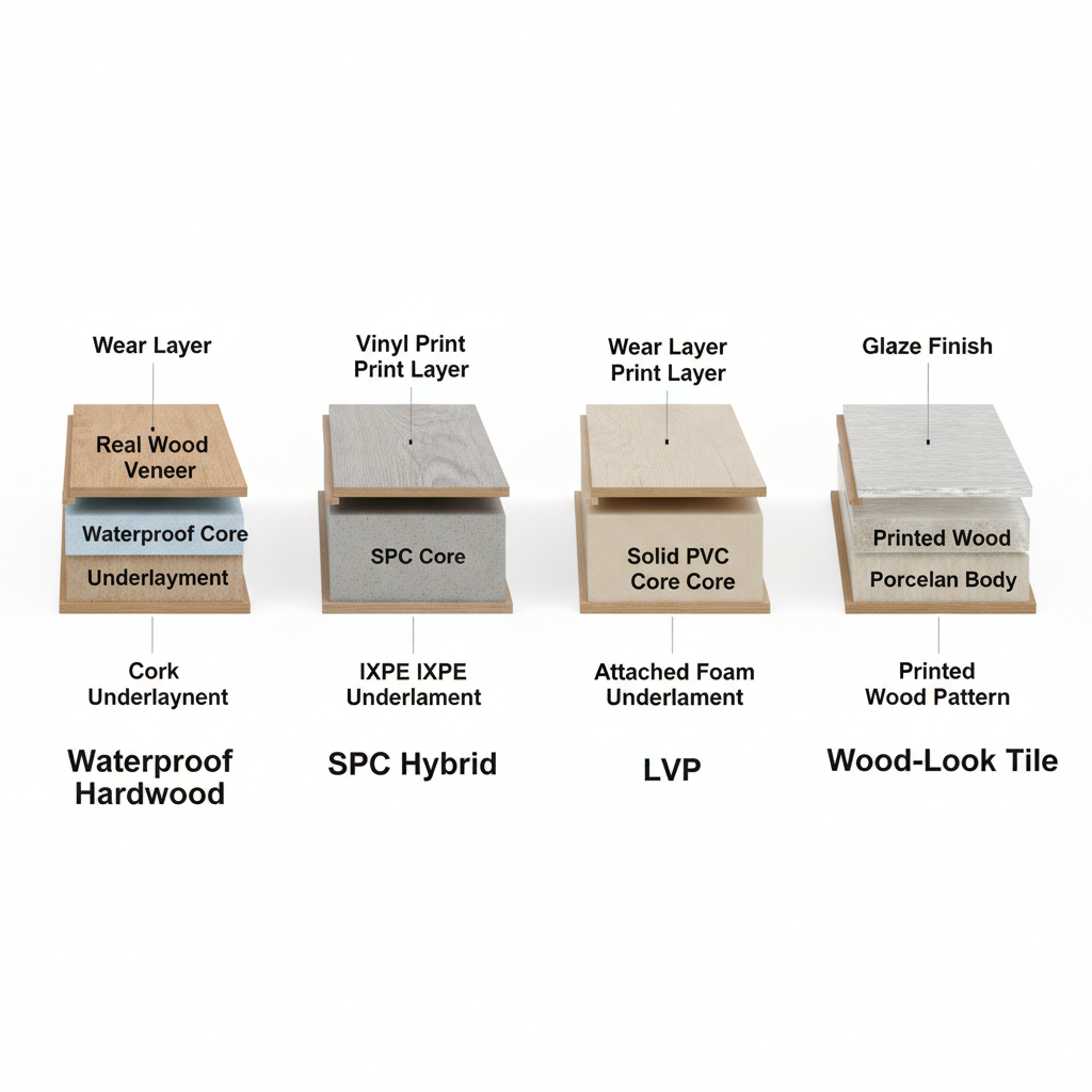 Infographic showing cross-sections of four waterproof flooring types: waterproof hardwood, SPC hybrid, LVP, and wood-look tile, with their respective layers labeled.