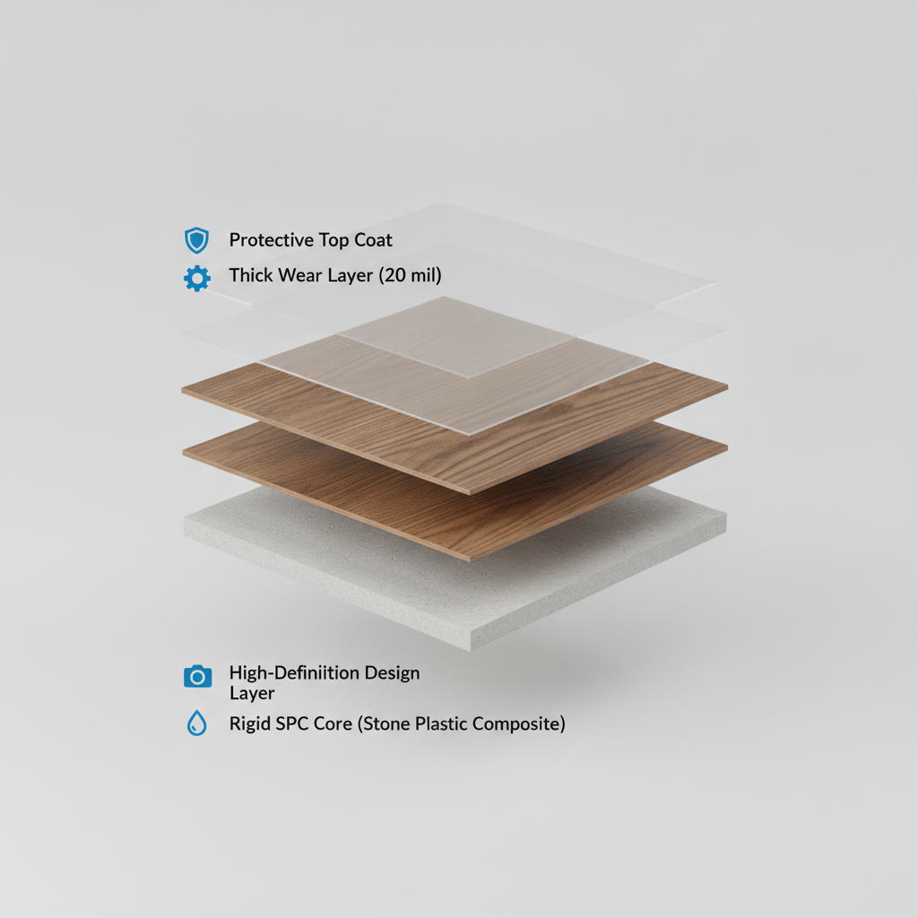 Infographic showing a cross-section of a luxury vinyl plank with labeled layers: Protective Top Coat, Wear Layer, Design Layer, and Rigid SPC Core.