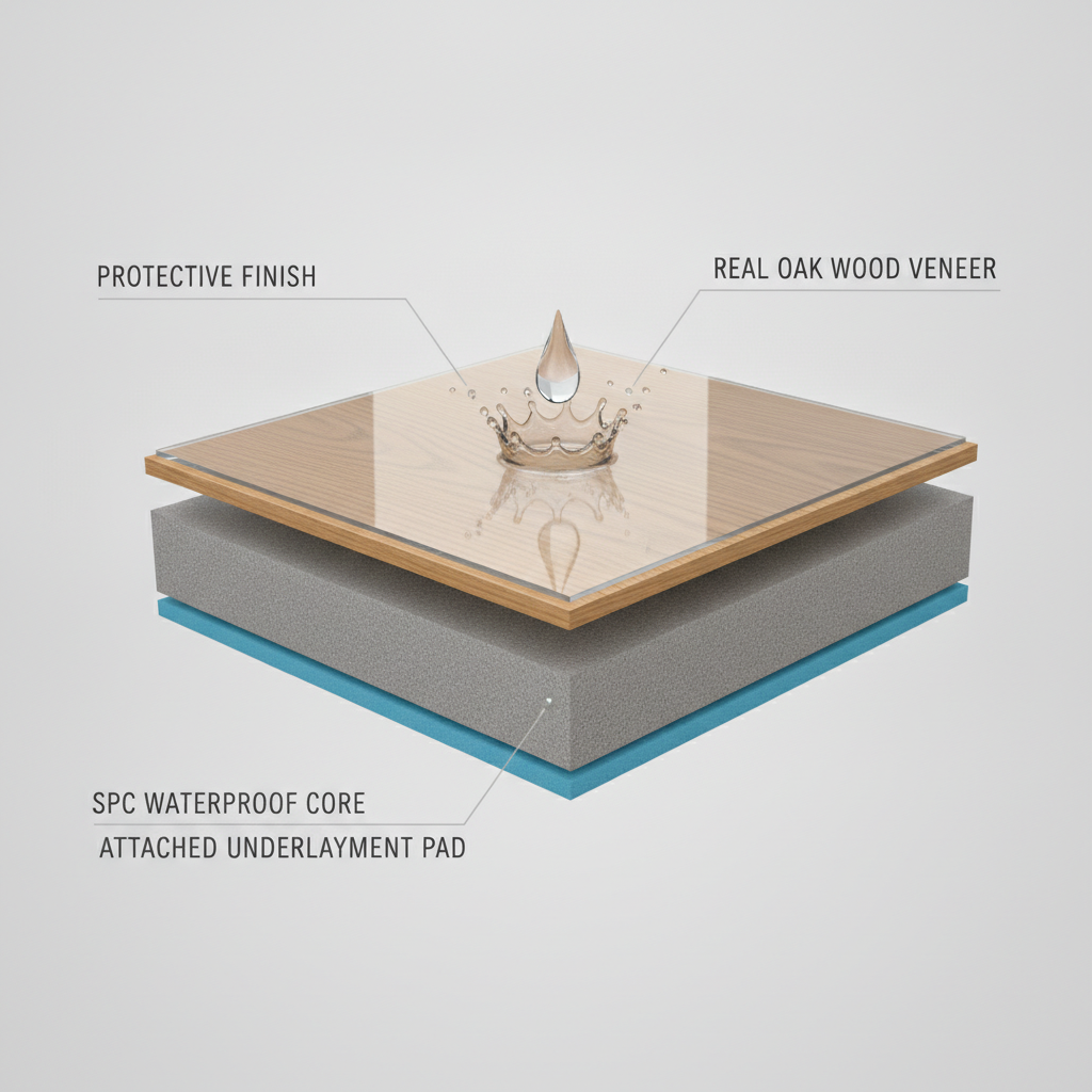 A 3D cutaway diagram showing the layers of a waterproof engineered hardwood plank: a real wood veneer, protective finish, waterproof SPC core, and attached underlayment.