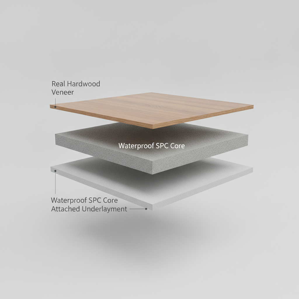 A 3D cross-section of a waterproof hardwood plank showing its layers: Real Hardwood Veneer, Waterproof SPC Core, and Attached Underlayment.