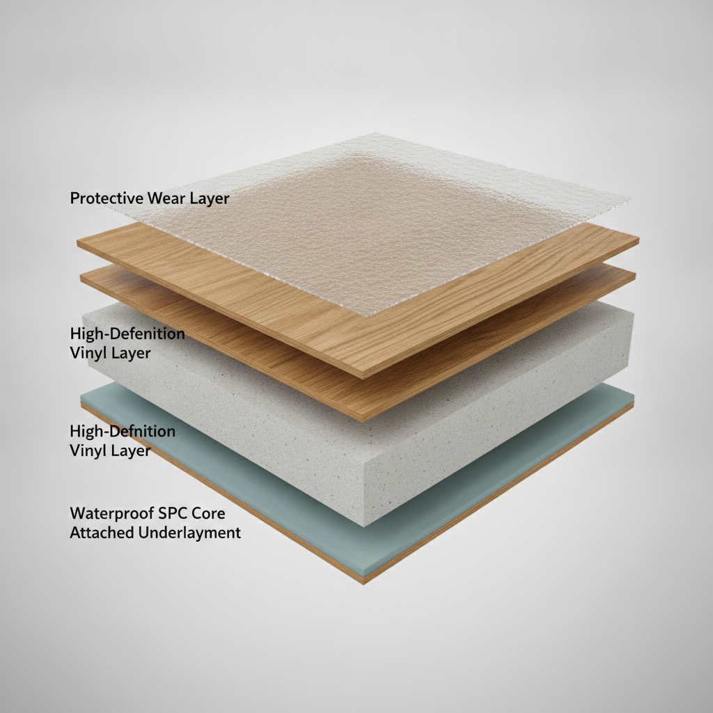 A 3D cutaway illustration showing the layers of waterproof hybrid flooring: Protective Wear Layer, High-Definition Vinyl Layer, Waterproof SPC Core, and Attached Underlayment.