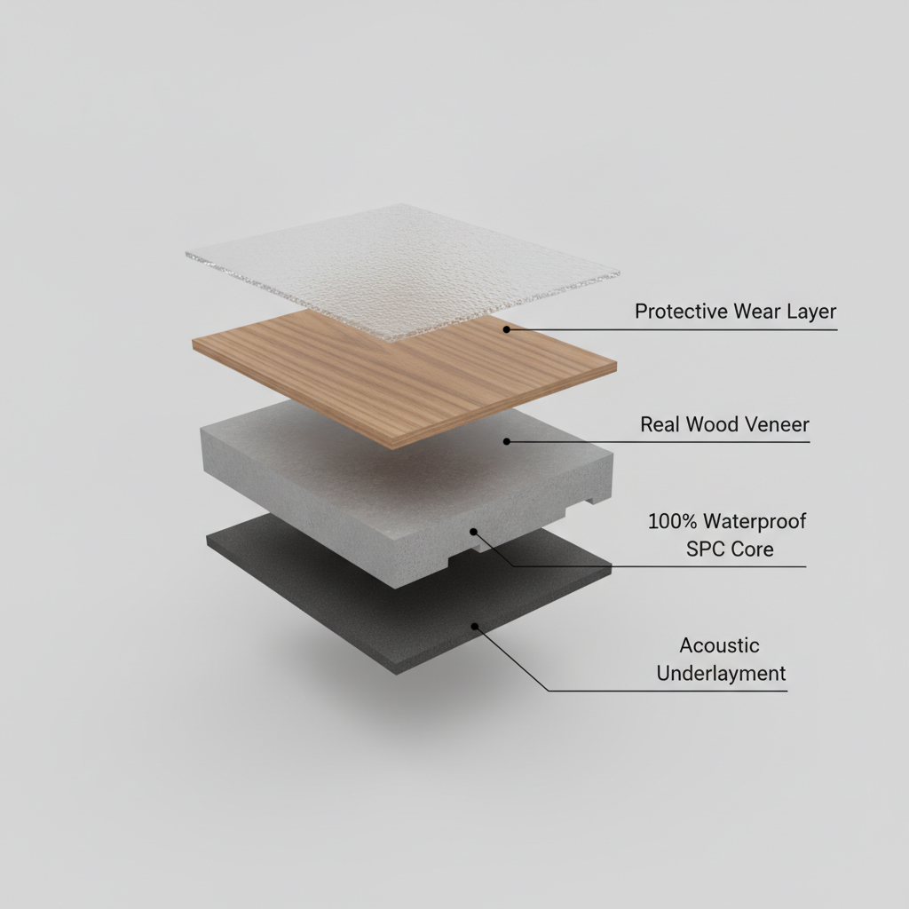 A 3D cross-section diagram of a waterproof hybrid hardwood plank, showing its four distinct layers: a protective wear layer, a real wood veneer, a waterproof SPC core, and an acoustic underlayment.