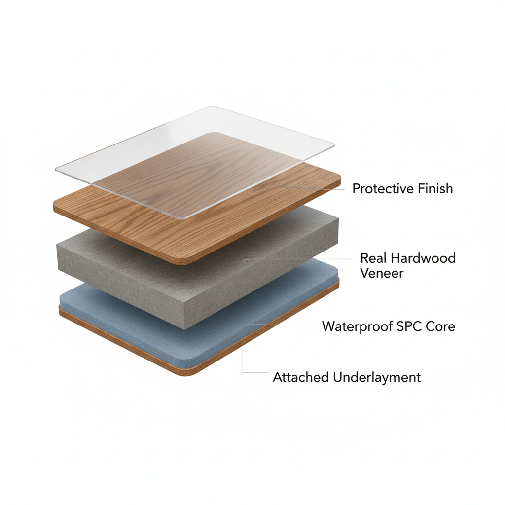 A 3D infographic showing a cross-section of a waterproof hybrid hardwood floor plank, with labeled layers: Protective Finish, Real Hardwood Veneer, Waterproof SPC Core, and Attached Underlayment.