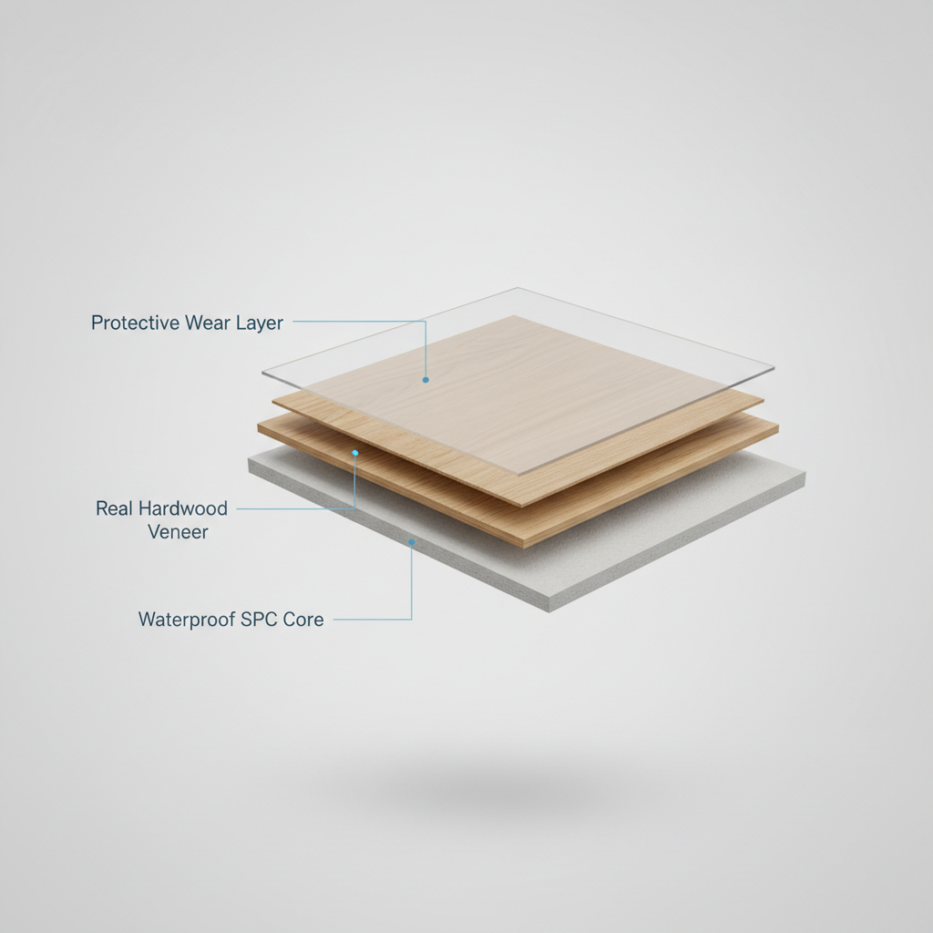 A 3D cutaway illustration showing the layers of a hybrid hardwood plank: a protective wear layer, a real hardwood veneer, and a waterproof SPC core.