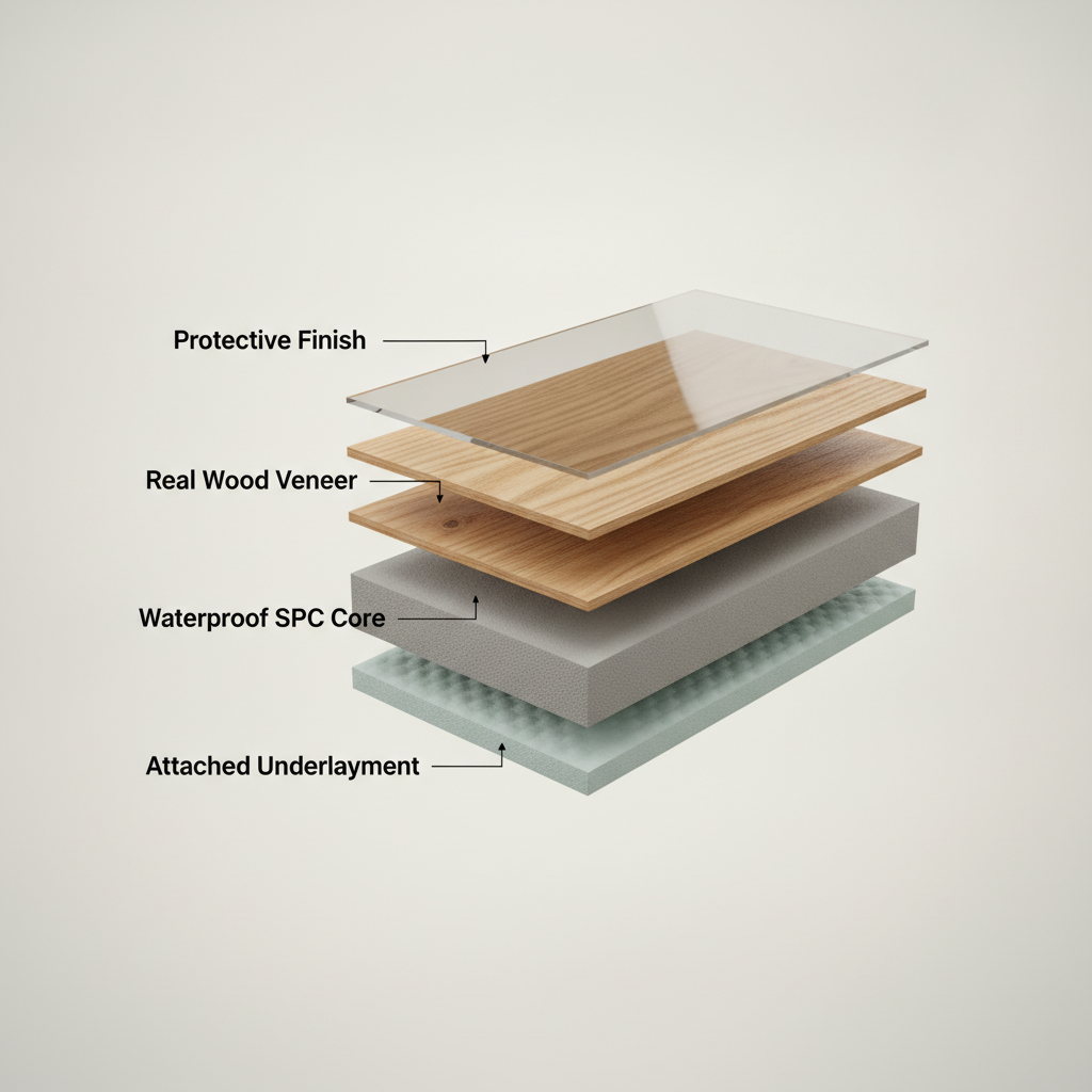A detailed 3D cross-section diagram of a waterproof hybrid hardwood plank showing its layers: Protective Finish, Real Wood Veneer, Waterproof SPC Core, and Attached Underlayment.