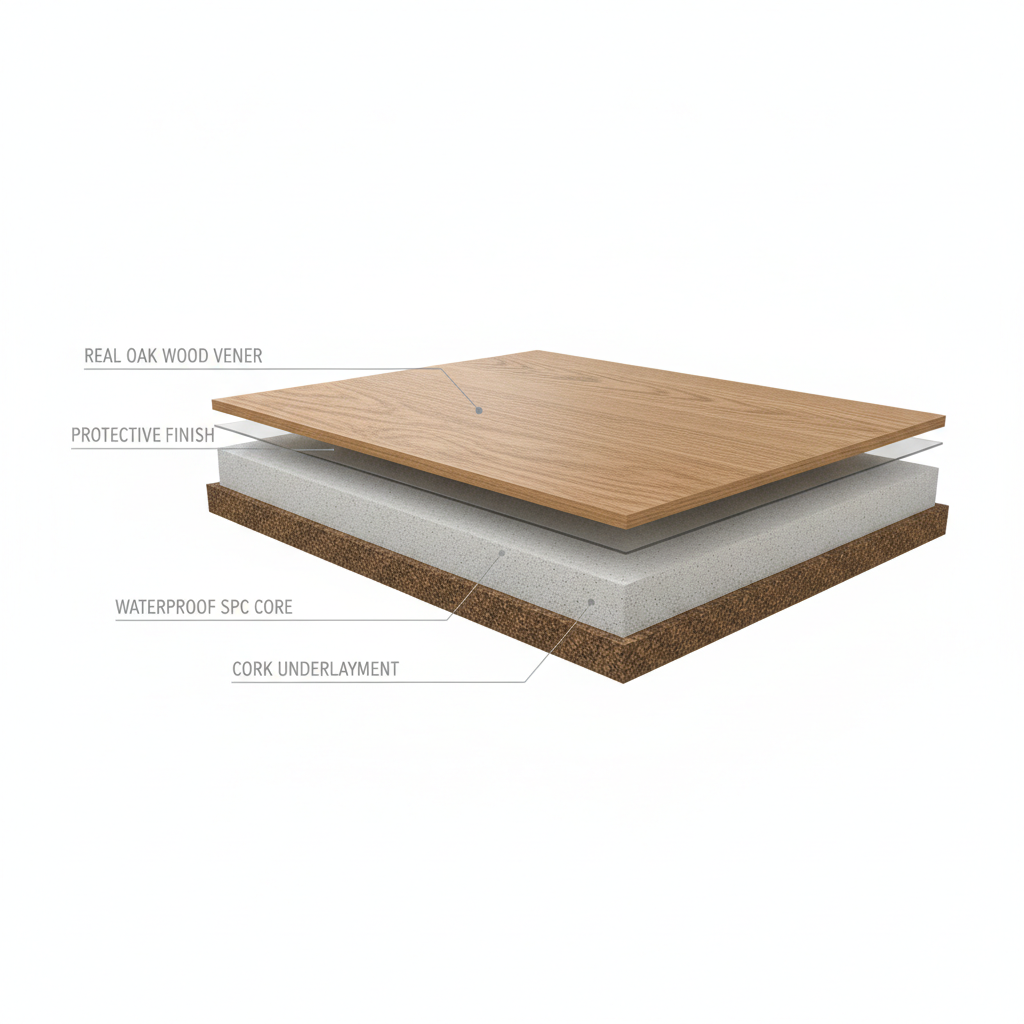 A 3D cutaway illustration of a waterproof hybrid hardwood plank showing its layers: real wood veneer, protective finish, waterproof SPC core, and cork underlayment.