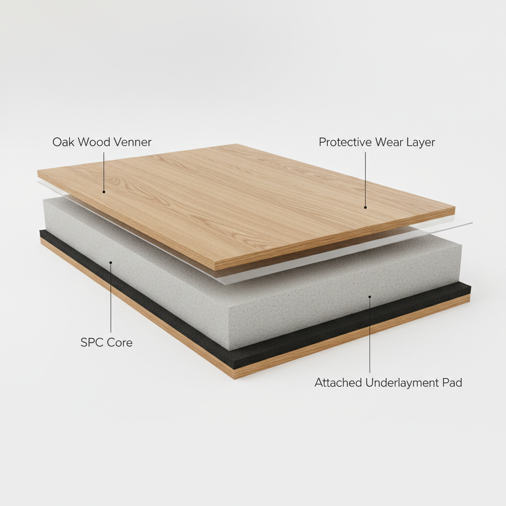 A detailed 3D cross-section of a waterproof hybrid hardwood plank, showing the distinct layers: real wood veneer, protective wear layer, SPC core, and attached underlayment.