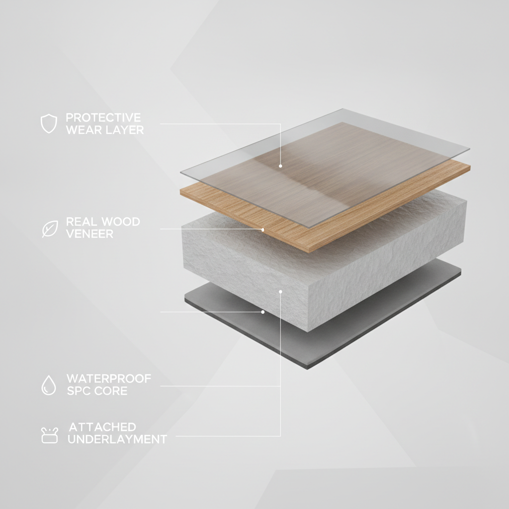 A 3D cross-section infographic of a waterproof hybrid hardwood plank, showing its layers: Protective Wear Layer, Real Wood Veneer, Waterproof SPC Core, and Attached Underlayment.