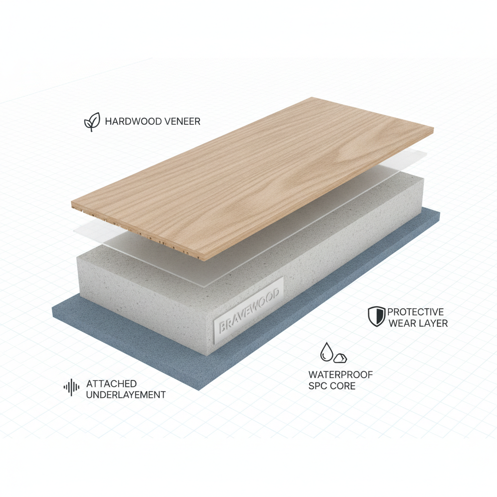 A 3D cross-section of a waterproof hybrid hardwood plank, detailing its layers: authentic hardwood veneer, a protective wear layer, a waterproof SPC core, and an attached underlayment.