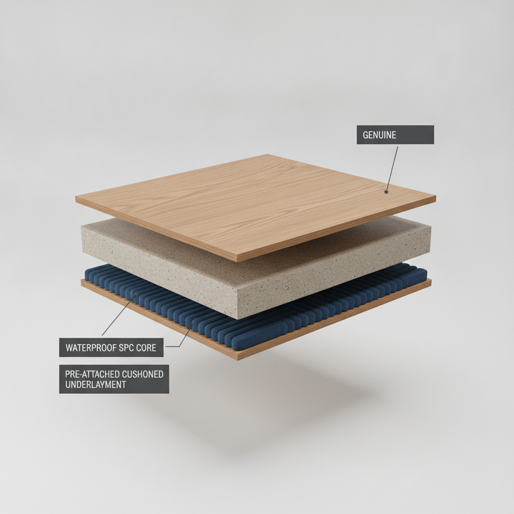 Cutaway diagram of a waterproof hybrid hardwood plank showing its layers: real wood veneer, waterproof SPC core, and attached underlayment.
