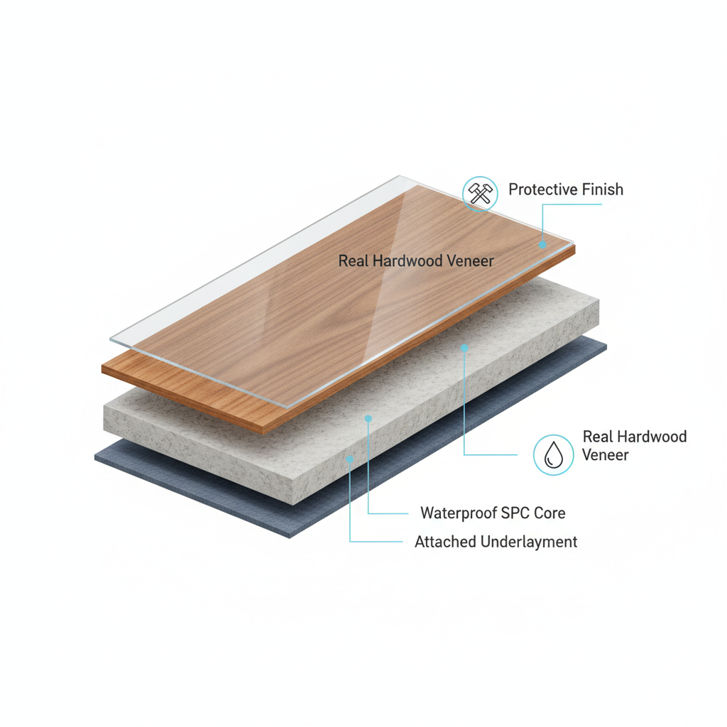 A 3D cutaway view of a hybrid hardwood plank showing its layers: Real Hardwood Veneer, Protective Finish, Waterproof SPC Core, and Attached Underlayment.