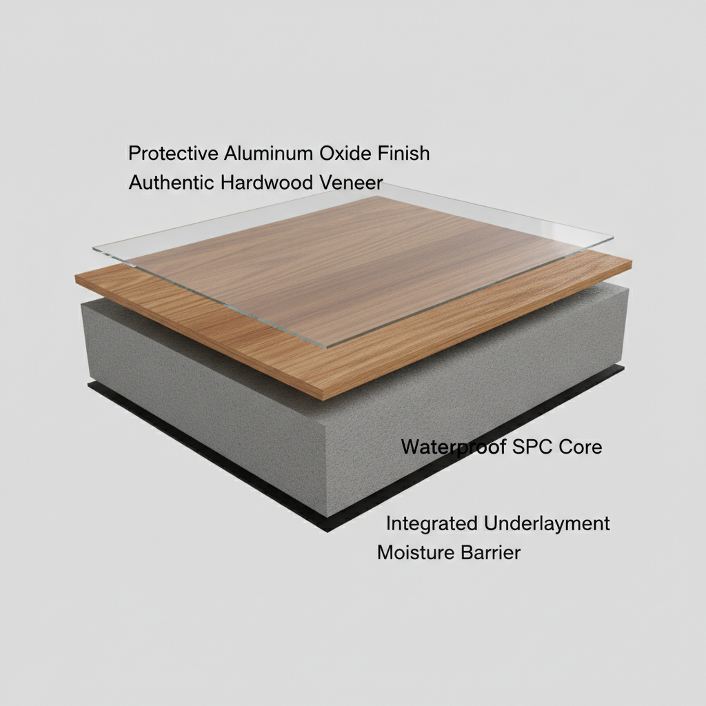 A 3D cutaway illustration showing the layers of a waterproof hybrid hardwood plank: a protective aluminum oxide finish, an authentic hardwood veneer, and a waterproof SPC core.