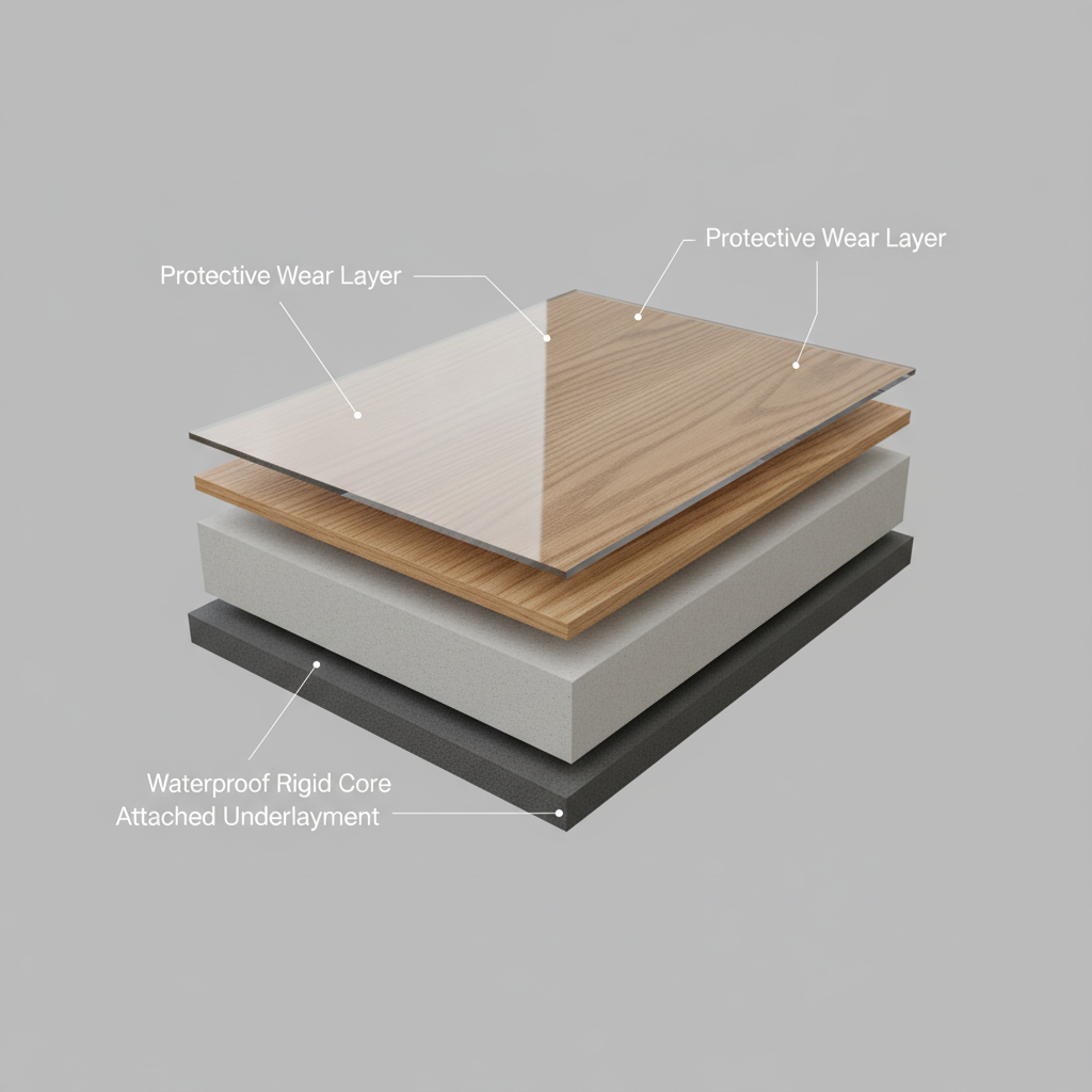 The Anatomy of Waterproof Hybrid Hardwood A detailed 3D cutaway illustration of a single waterproof hybrid hardwood plank, angled to show its depth. Clearly visible are the four distinct layers: a glossy 'Protective Wear Layer' on top, a textured 'Real Wood Veneer' showing authentic grain, a dense and solid 'Waterproof Rigid Core', and a soft 'Attached Underlayment' at the base. The style is a clean, technical product render with studio lighting against a neutral grey background.
