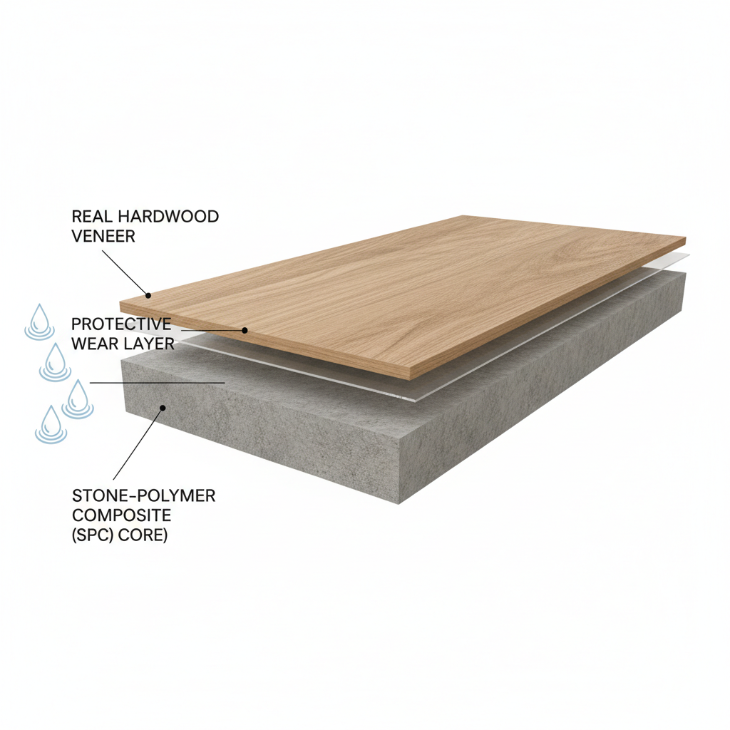 Cutaway view of a waterproof hybrid hardwood plank showing its layers: real wood veneer, protective layer, and waterproof SPC core.