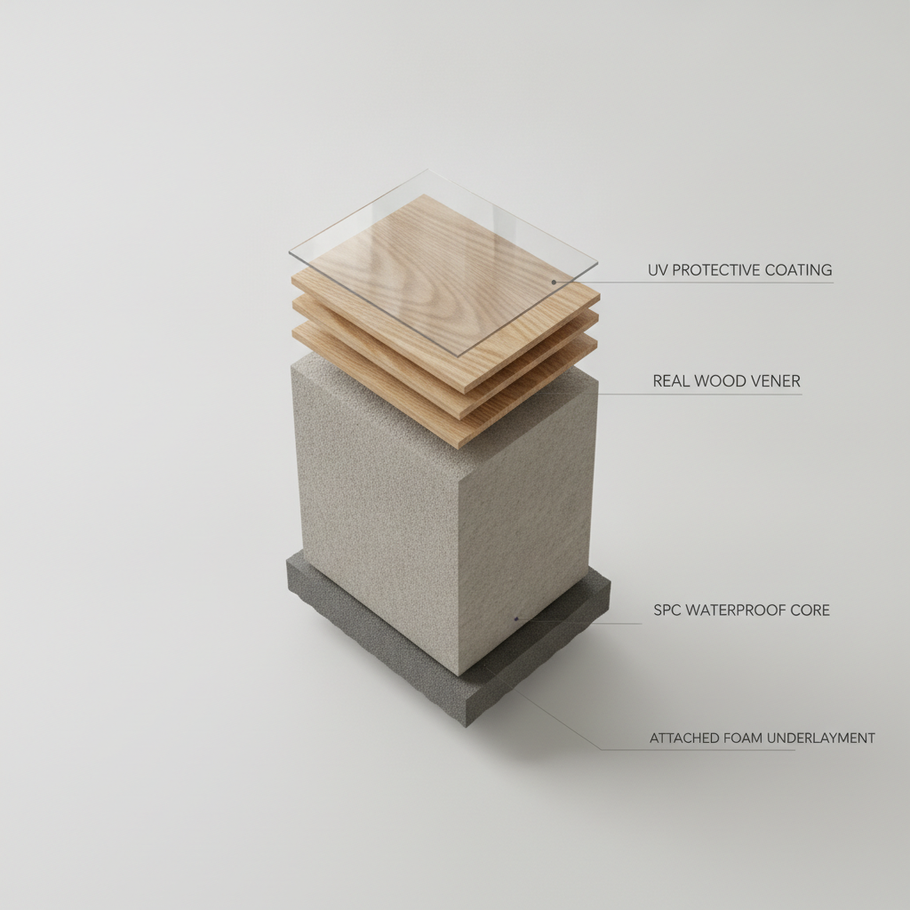 A detailed 3D cutaway illustration of a single waterproof hybrid hardwood flooring plank, showing its distinct layers. Clearly visualize the top protective UV coating, the thin real hardwood veneer with visible wood grain, the thick and dense SPC waterproof core, and the attached foam underlayment at the bottom. Style: clean, modern, technical illustration with subtle labels, photorealistic render, on a minimalist light gray background.