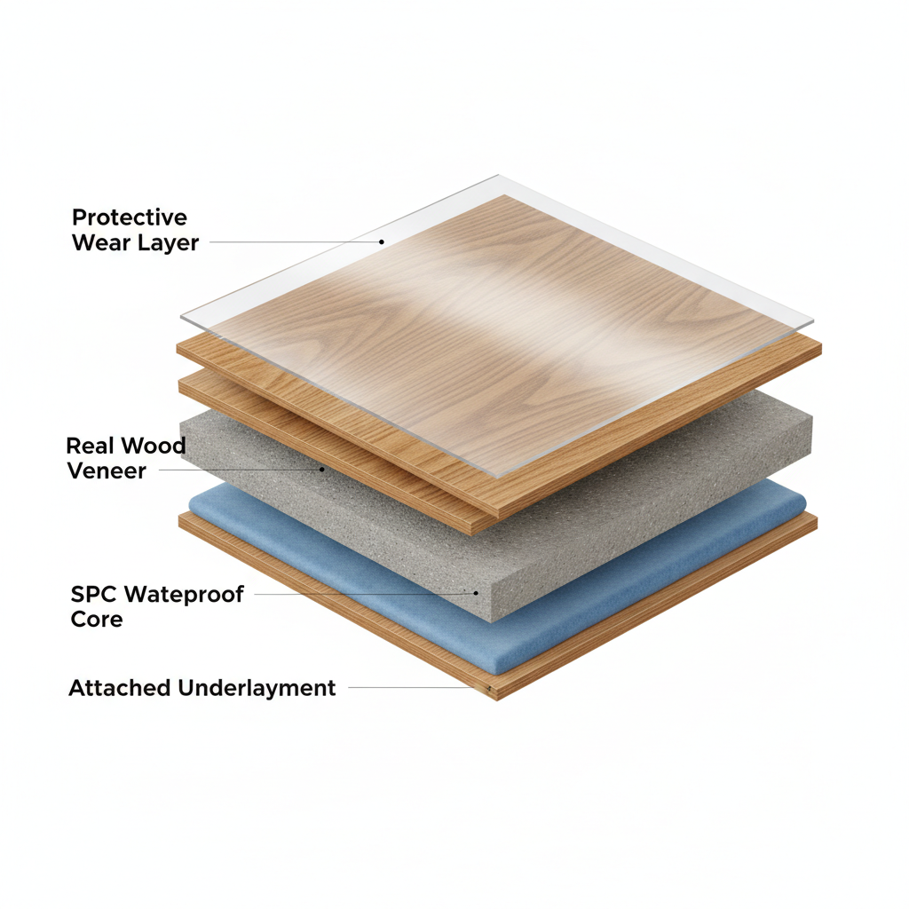 A 3D cutaway diagram of a hybrid hardwood plank showing its four layers: Protective Wear Layer, Real Wood Veneer, SPC Waterproof Core, and Attached Underlayment.