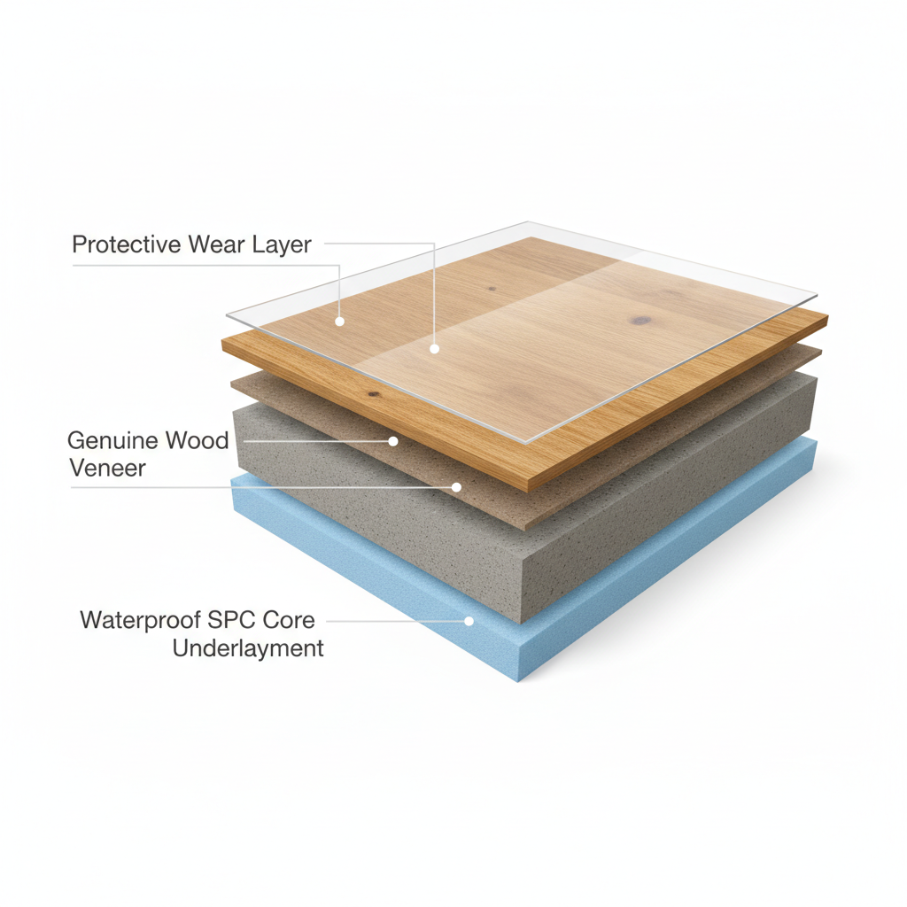 A detailed 3D cutaway illustration of a hybrid hardwood floor plank, angled to show its depth. The image should clearly label four distinct layers from top to bottom: a transparent 'Protective Wear Layer', a textured 'Genuine Wood Veneer' with realistic oak grain, a dense grey 'Waterproof SPC Core' with a subtle stone-like texture, and a soft blue 'Attached Underlayment'. Use clean, modern callout lines and typography for the labels against a clean, white studio background. Style: photorealistic 3D render, infographic, bright commercial lighting.